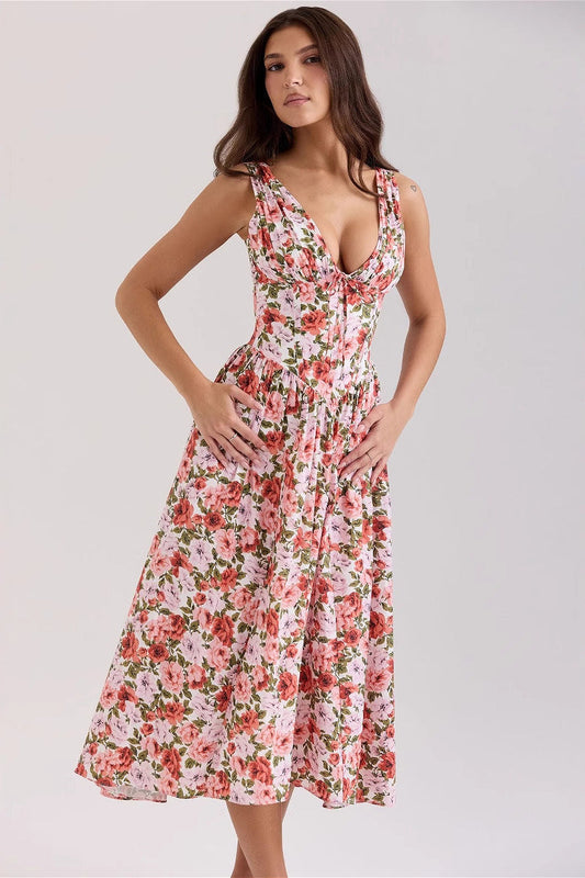 Slim V Neck Spaghetti Strap Floral Dress