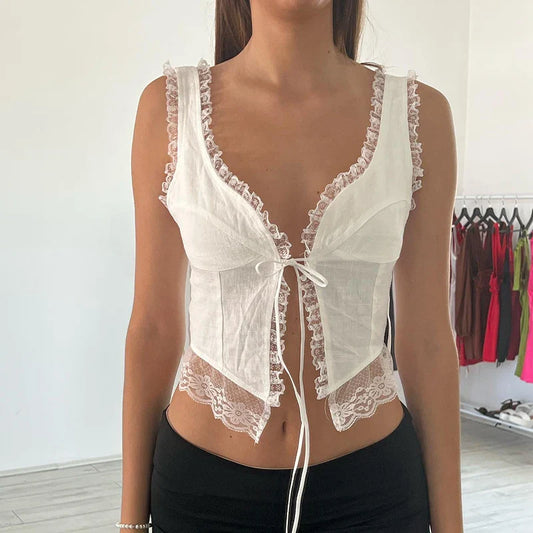 Lace Tie-Up Navel Crop Top