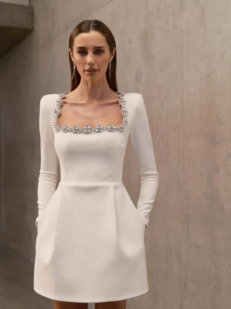 Sexy Long Sleeves Square Collar Crystal A-Line Slim Dress Elegant Christmas Party Dresses-L