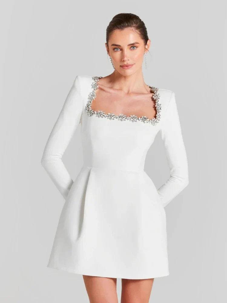 Sexy Long Sleeves Square Collar Crystal A-Line Slim Dress Elegant Christmas Party Dresses-L