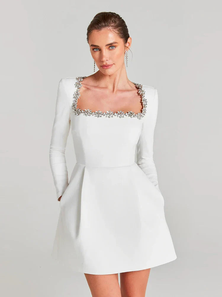 Sexy Long Sleeves Square Collar Crystal A-Line Slim Dress Elegant Christmas Party Dresses-L