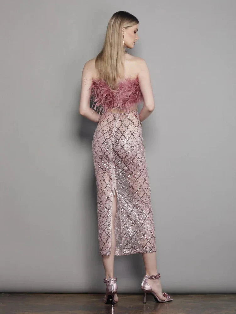 Sexy Luxury Sequins Feather Strapless Top Skirt Two Piece Set Christmas Party Dress Dresses-L