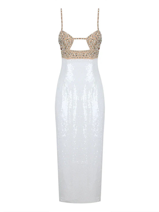 Sexy Spaghetti Strap Luxury Diamond Sequin Dress White Backless Midi Christmas Party White / S