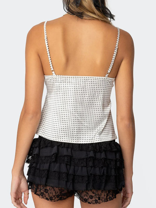 Dots Print Satin Lace Crop Top