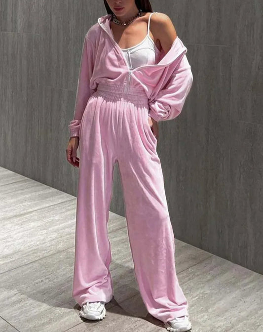 Pink Knitting Zipper Straight Trousers Office Two Piece Set