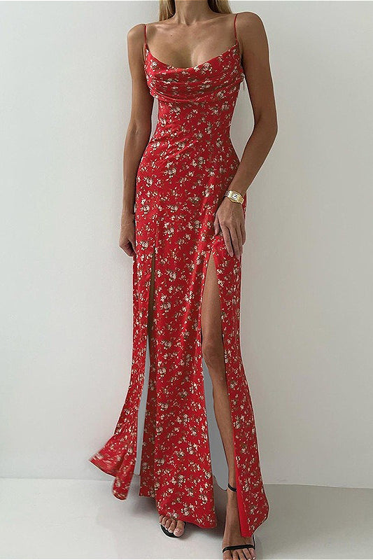 Low Cut Color Block Spaghetti Strap Floral Dress