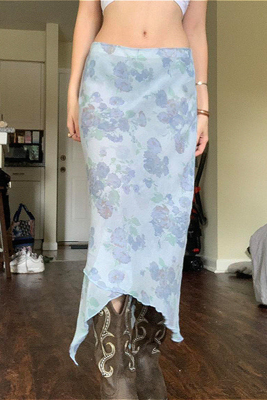 Floral Mesh Asymmetrical Slimming Skirt
