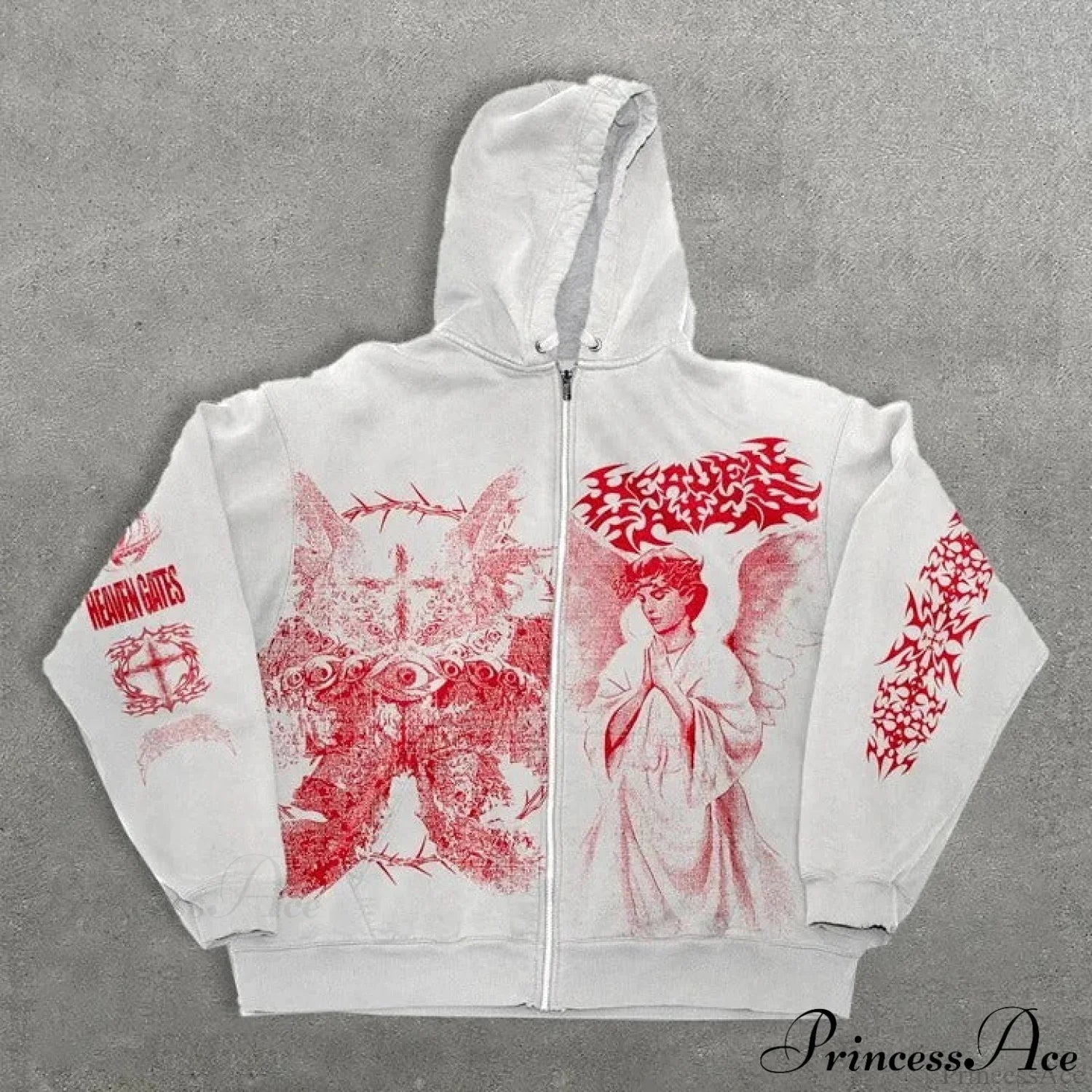 Angel Print Y2K Zip Loose Hoodie Red / XS