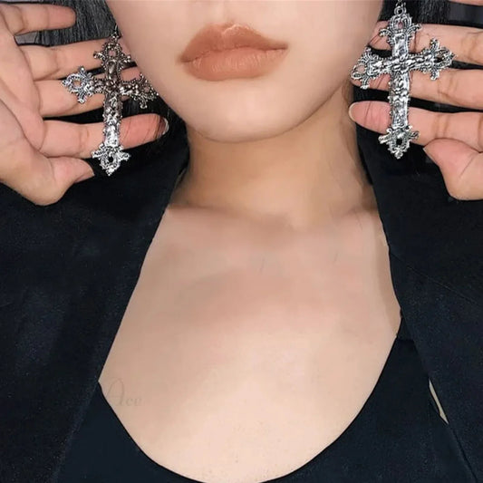 Antique Cross Gothic Rebel Dangle Drop Earring silver
