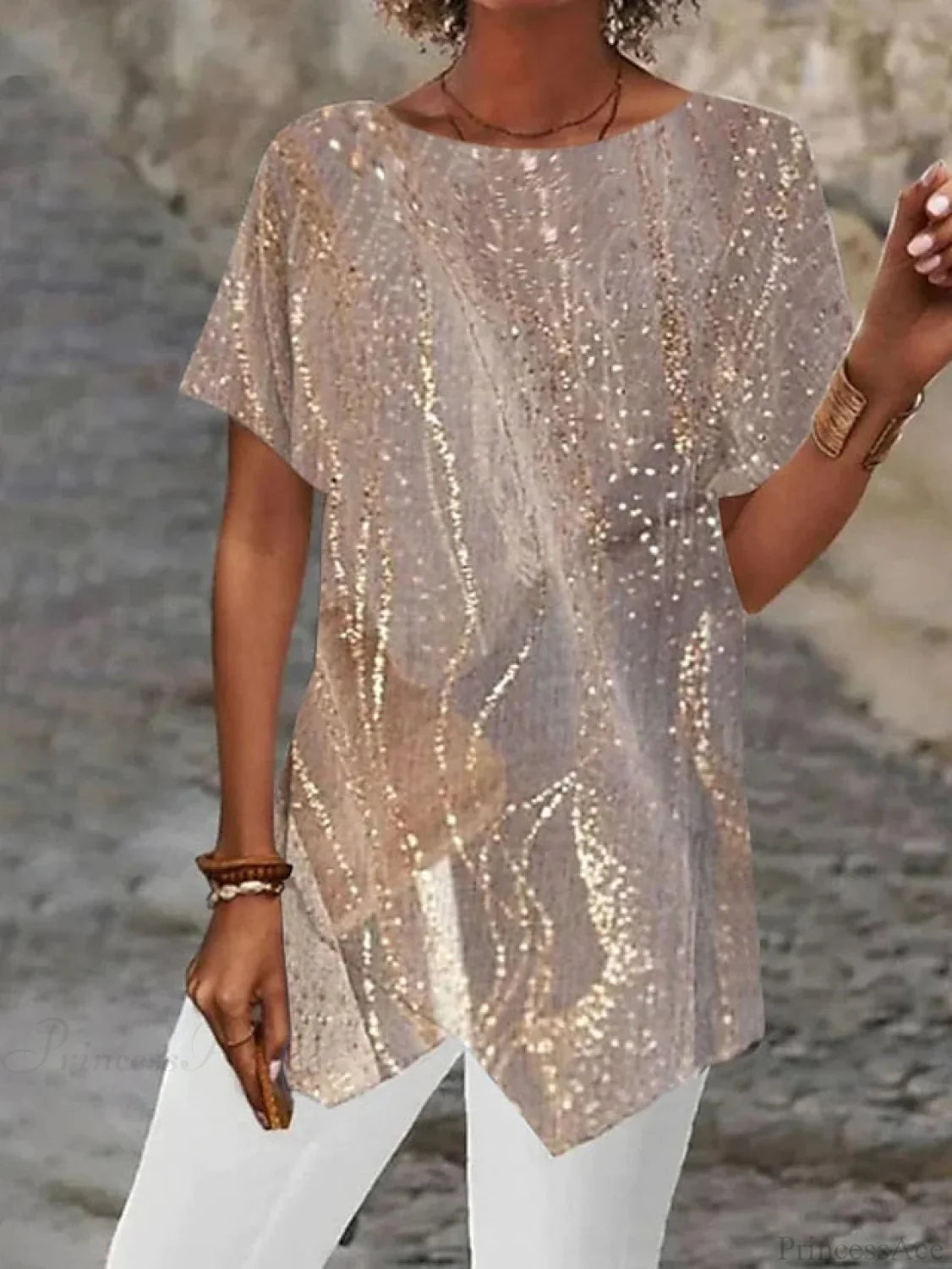 Asymmetric Blouse - Design Women’s Abstract Graphic Silver/Black/White Khaki / S