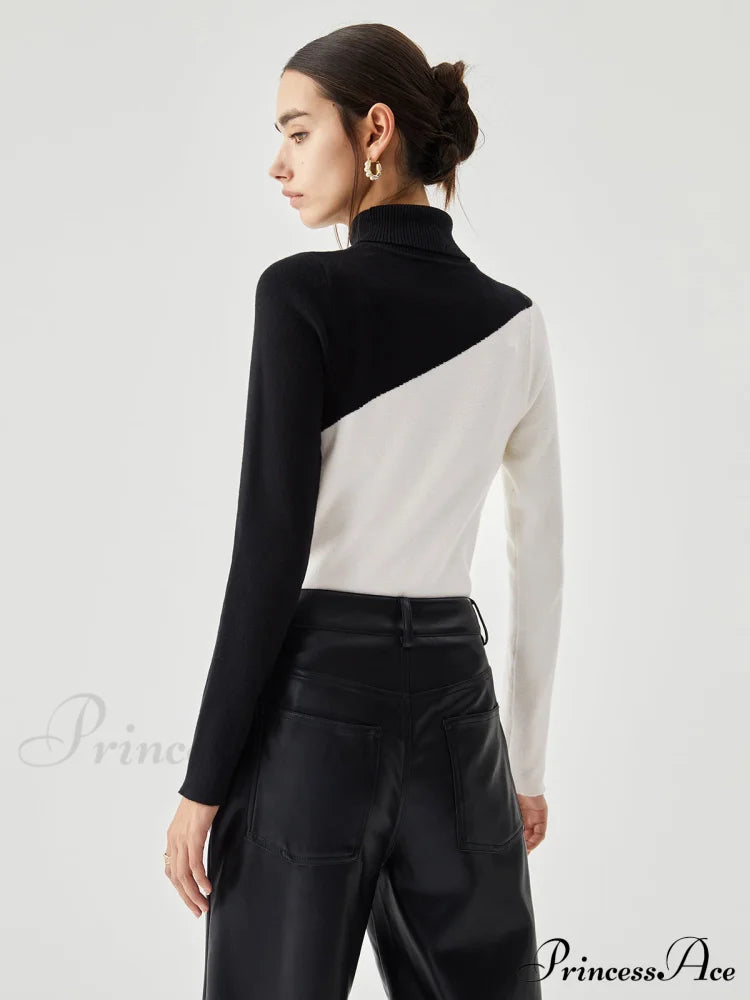 Asymmetric Patchwork Long Sleeve Modern Mock Neck Knit Top Sweaters-L