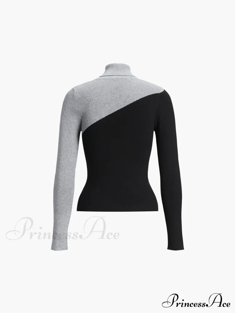 Asymmetric Patchwork Long Sleeve Modern Mock Neck Knit Top Sweaters-L