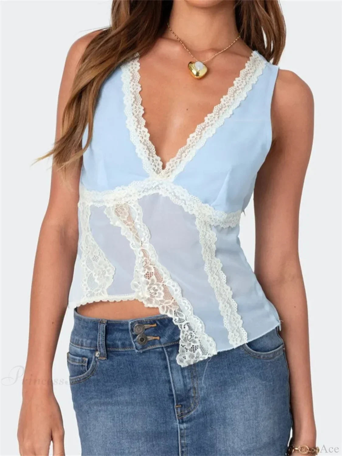 Asymmetrical Lace Trim Deep V-neck Slim Crop Top croptop-250126