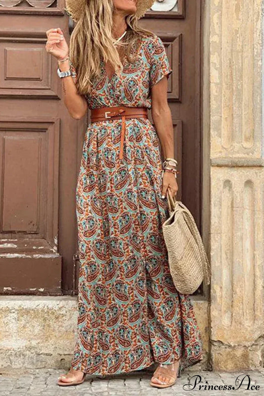 Autumn Female Short Sleeve Sexy High Split Maxi Boho Dress Brown / S