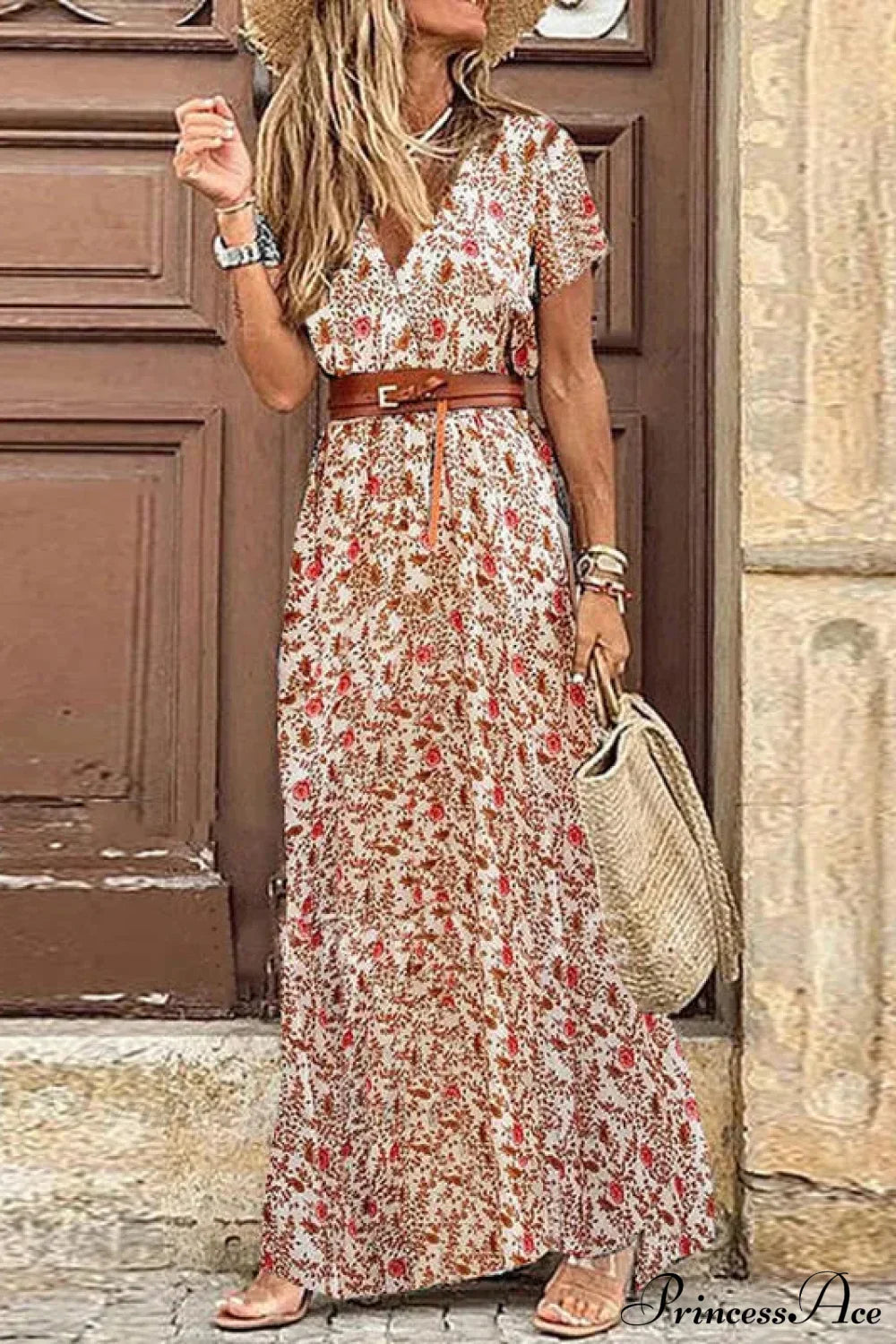 Autumn Female Short Sleeve Sexy High Split Maxi Boho Dress Red / S