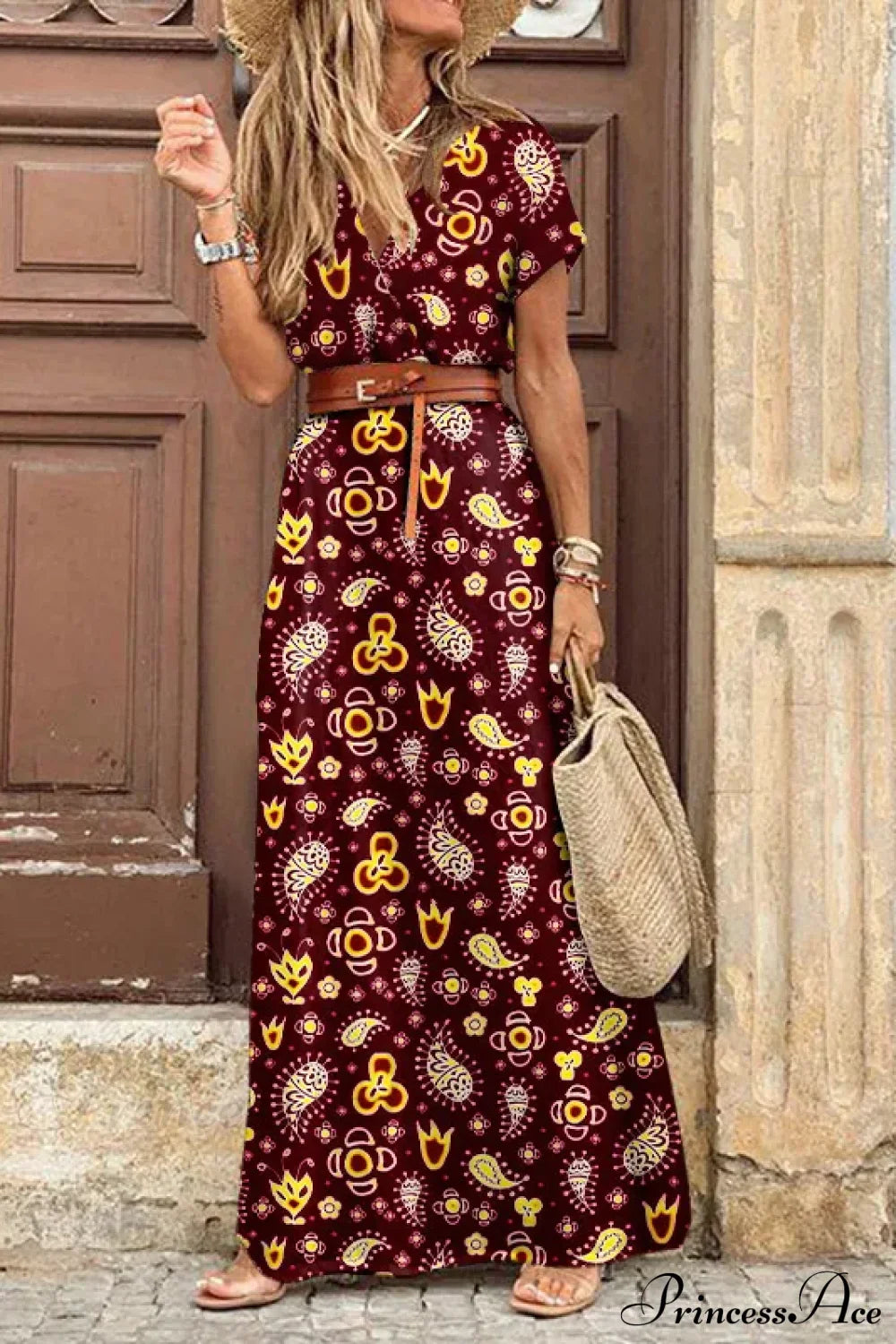 Autumn Female Short Sleeve Sexy High Split Maxi Boho Dress Wine Red / S