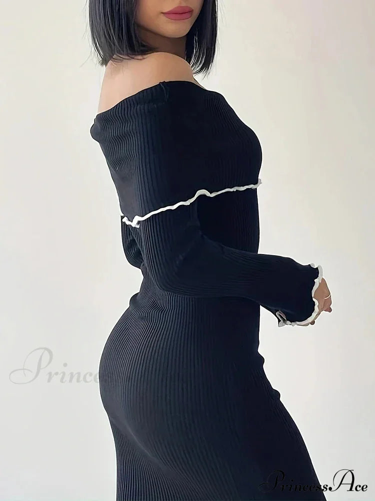 Autumn Winter Black Long Slash Neck Straight Elegant Party Clubwear Bodycon Dress