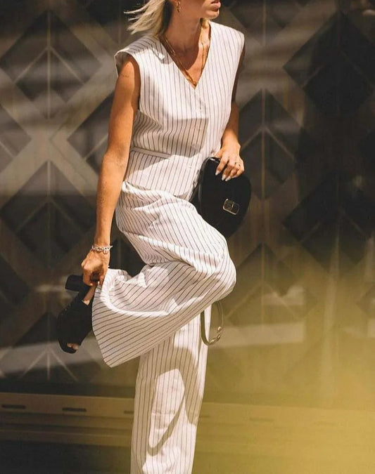 White Print V-Neck Sleeveless Trousers Office Two Piece Set