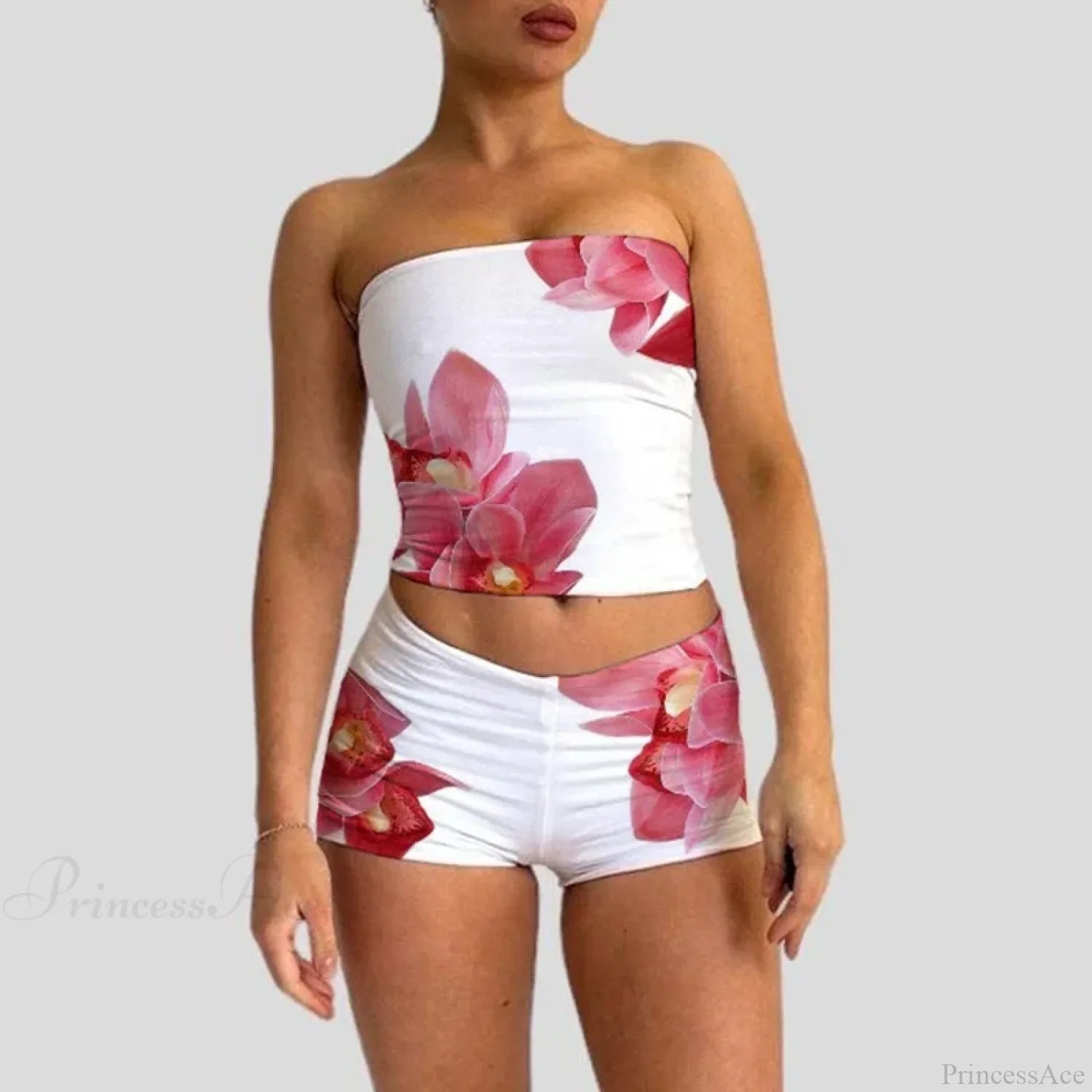 Beach Vacation Lounge Oufits 2 Pice Set Flower Print Strapless Crop Tube Tops Bandeau + Skinny Mini Skirt Wrap Bodycon