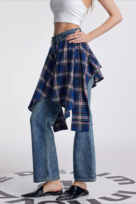 Vintage Plaid Patchwork Washed Micro-Flare Jeans