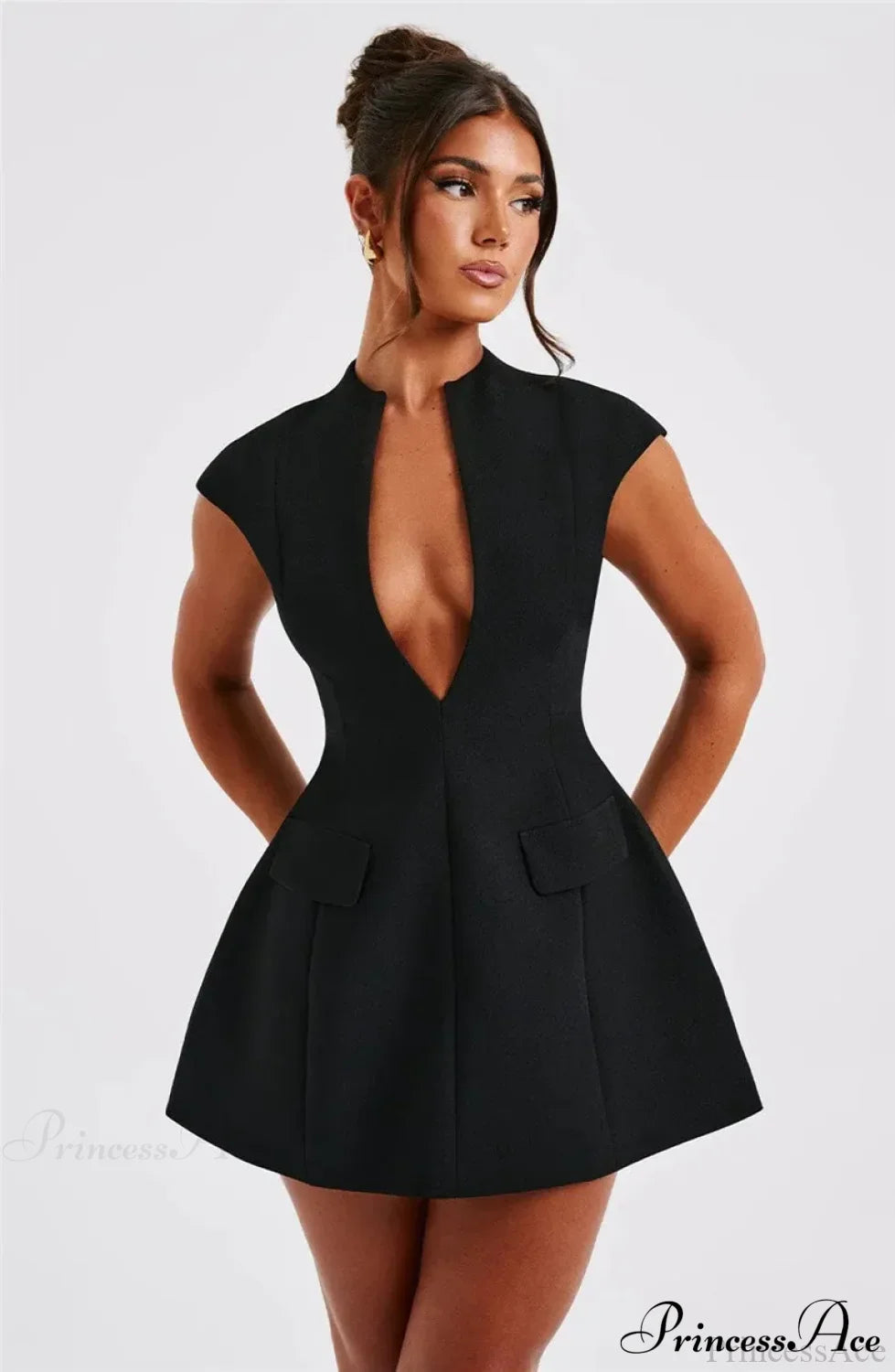 Black Deep Neck Short Graceful Sleeve Solid Mini Dress