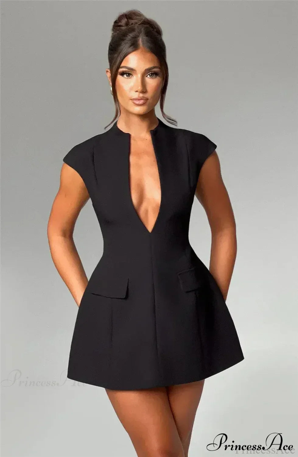 Black Deep Neck Short Graceful Sleeve Solid Mini Dress