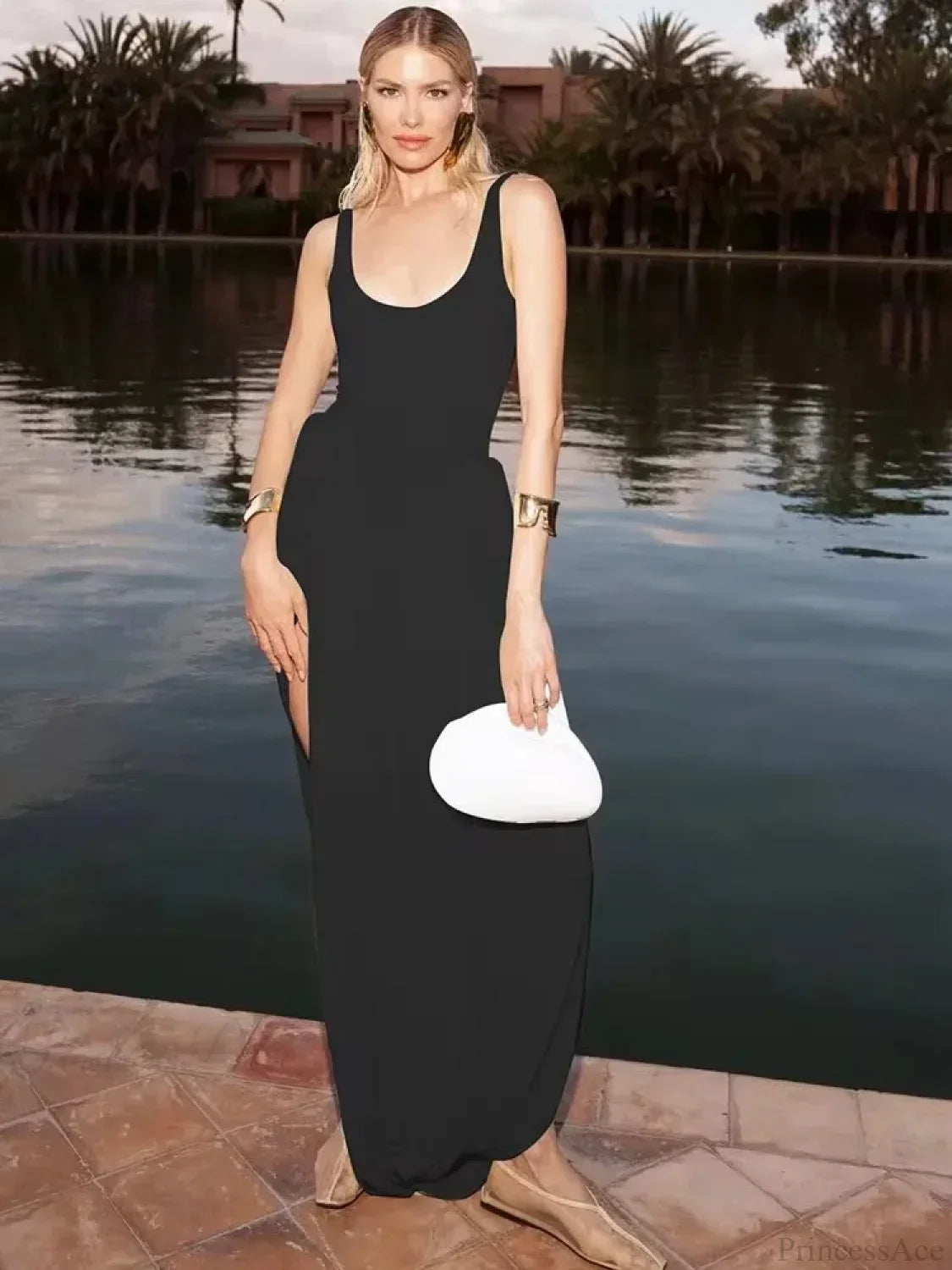 Black High Slit Maxi Vacation Dress vacationdress-250223