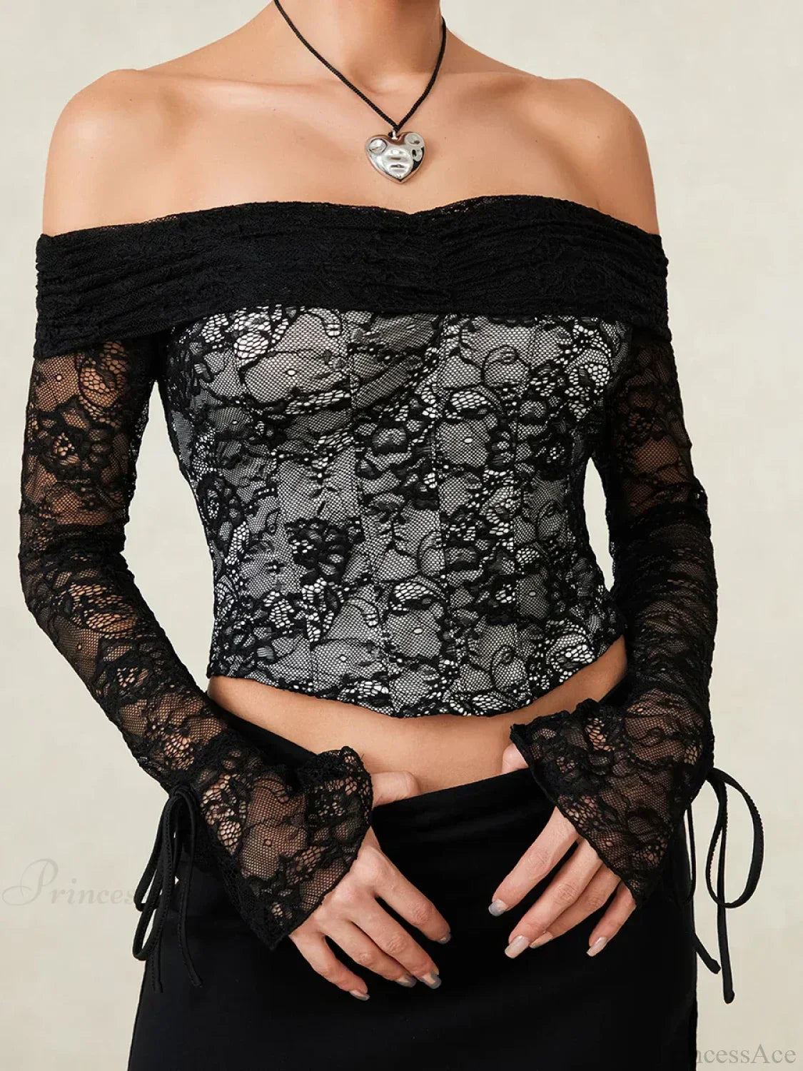 Black Lace Floral Sheer Off-shoulder Slim Corset Top croptop-250126