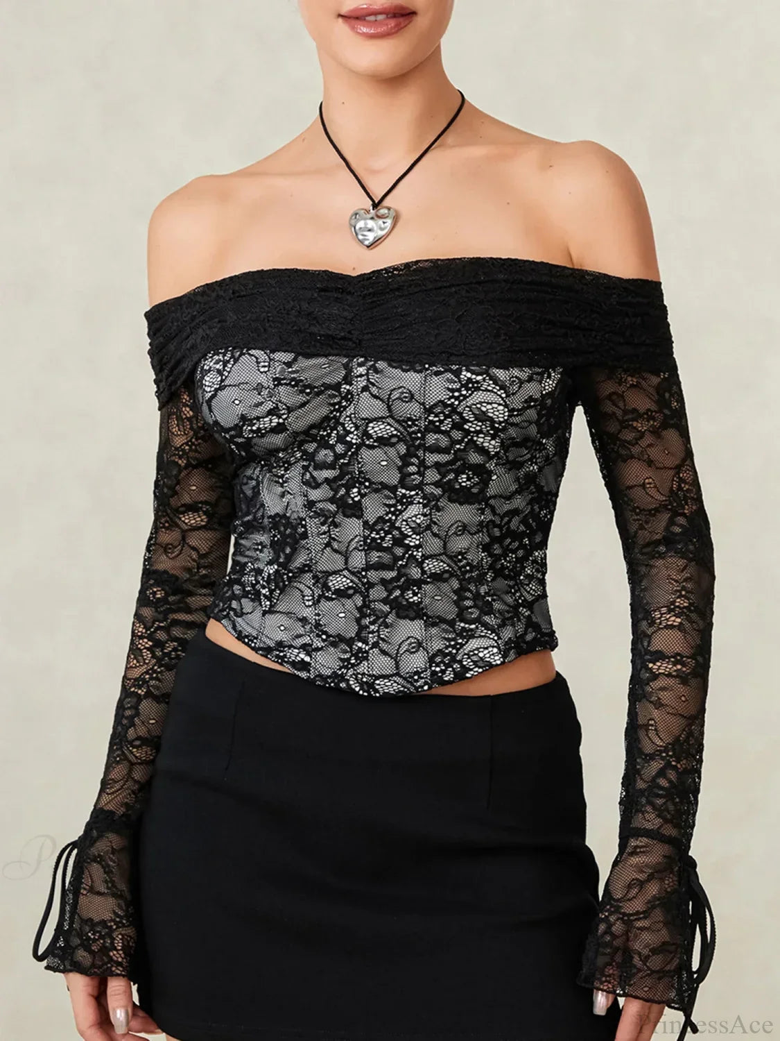 Black Lace Floral Sheer Off-shoulder Slim Corset Top croptop-250126