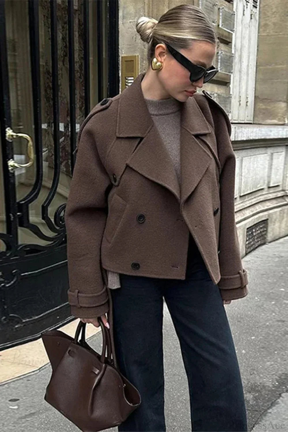 Black Loose Lapel Double-Breasted Overcoat brown / S