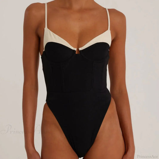 Black White One Piece Swimsuit Women Black / S onepiece-250223
