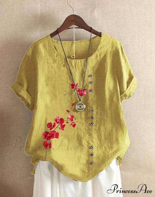 Blouse Casual For Fashion Loose Patterned Short-Sleeved Retro Summer Yellow / S Blouses