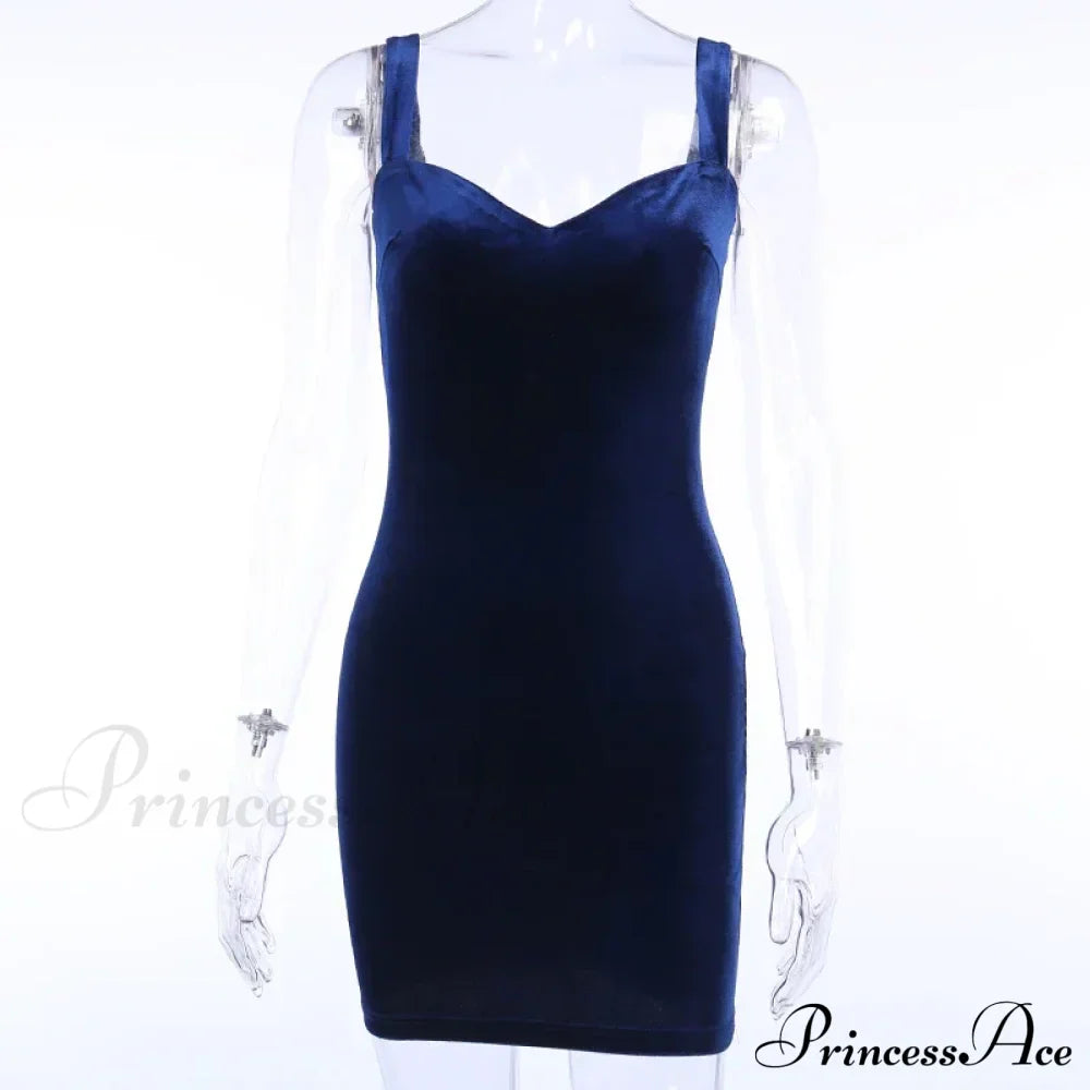 Blue V-Neck Spaghetti Strap Mini Sleeveless Skinny Soft Fashion Slim Bodycon Dress