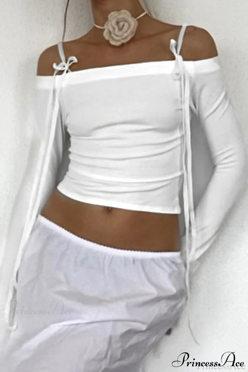 Bow Belted Off Shoulder Backless Long Sleeve Crop Top