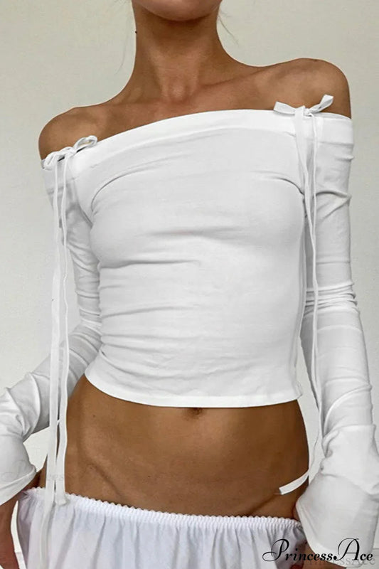 Bow Belted Off Shoulder Backless Long Sleeve Crop Top White / S