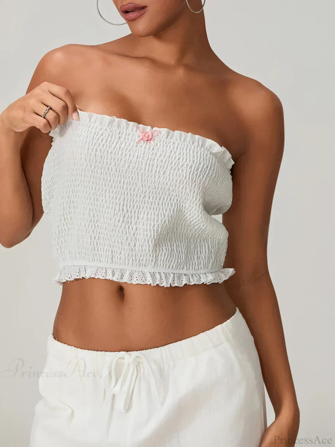 Bow Lace Smocked Strapless Backless Crop Bandeau Top croptop-250126