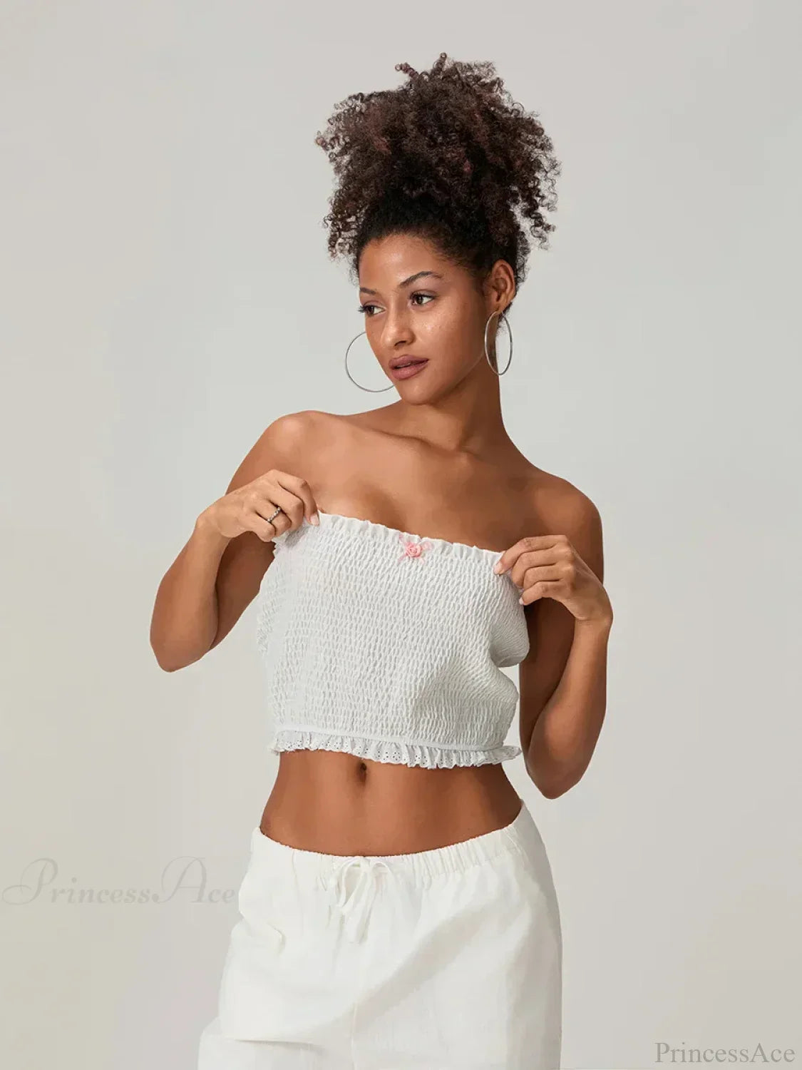 Bow Lace Smocked Strapless Backless Crop Bandeau Top croptop-250126