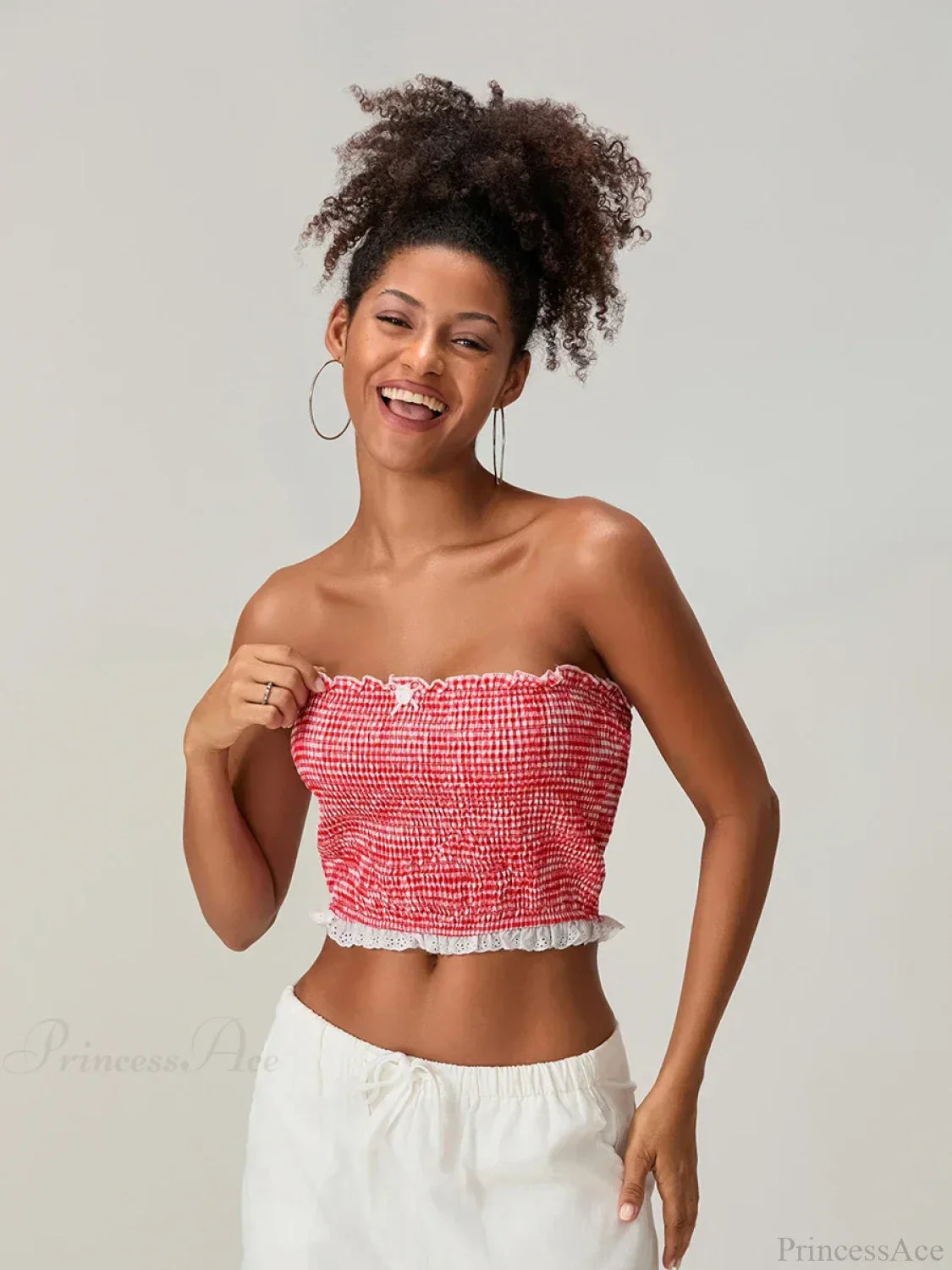 Bow Lace Smocked Strapless Backless Crop Bandeau Top croptop-250126
