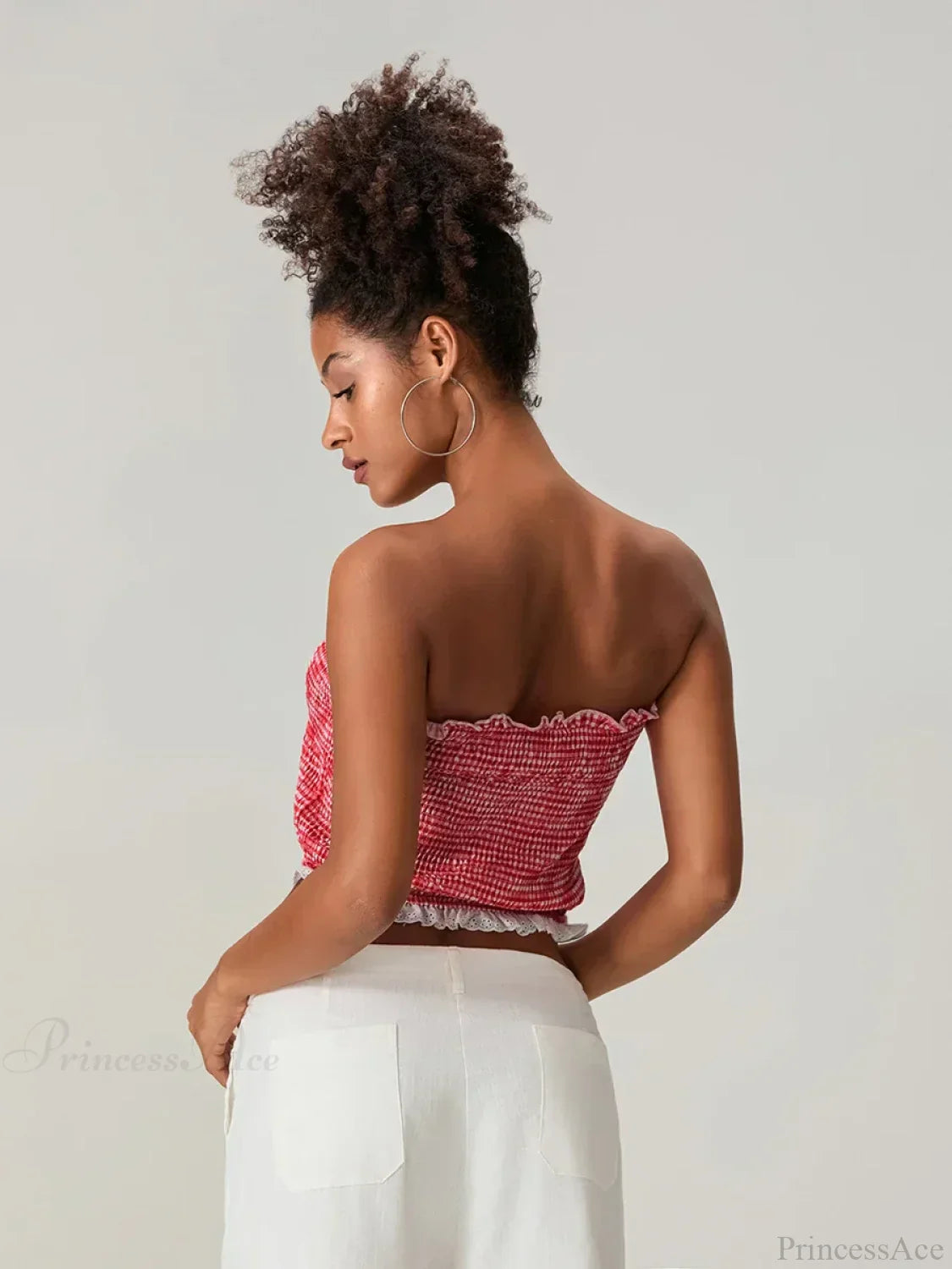 Bow Lace Smocked Strapless Backless Crop Bandeau Top croptop-250126
