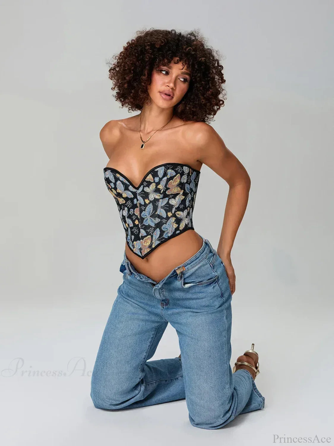 Butterfly Print Strapless Bandage Off-shoulder Corset croptop-250126