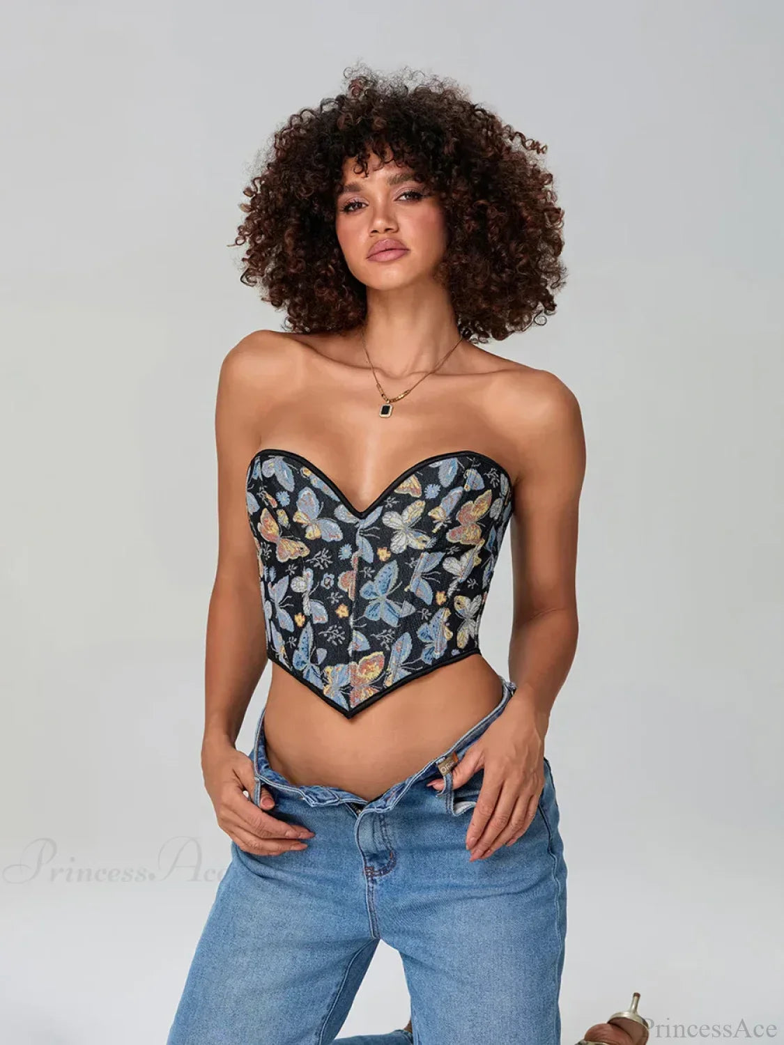 Butterfly Print Strapless Bandage Off-shoulder Corset croptop-250126