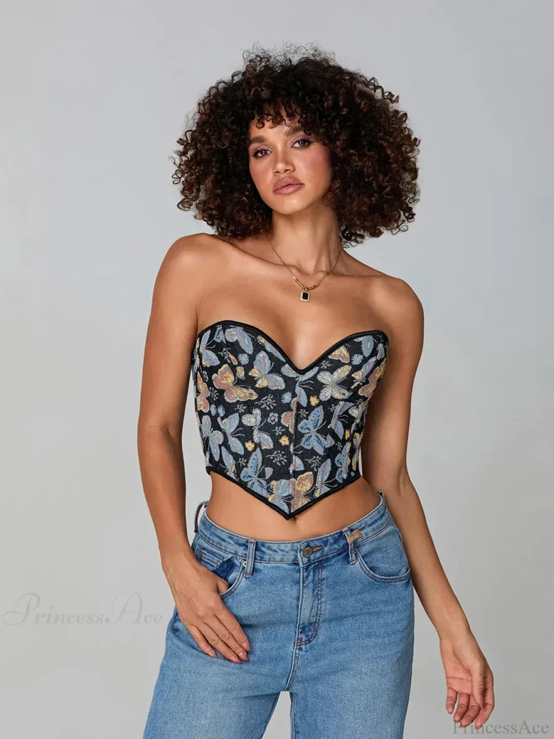 Butterfly Print Strapless Bandage Off-shoulder Corset croptop-250126