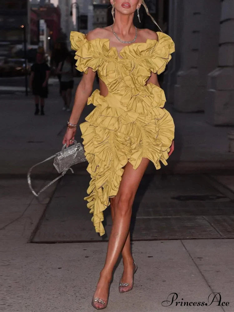 Butterfly Short Sleeve Trendy Bodycon Mini Dress Yellow / S Dresses