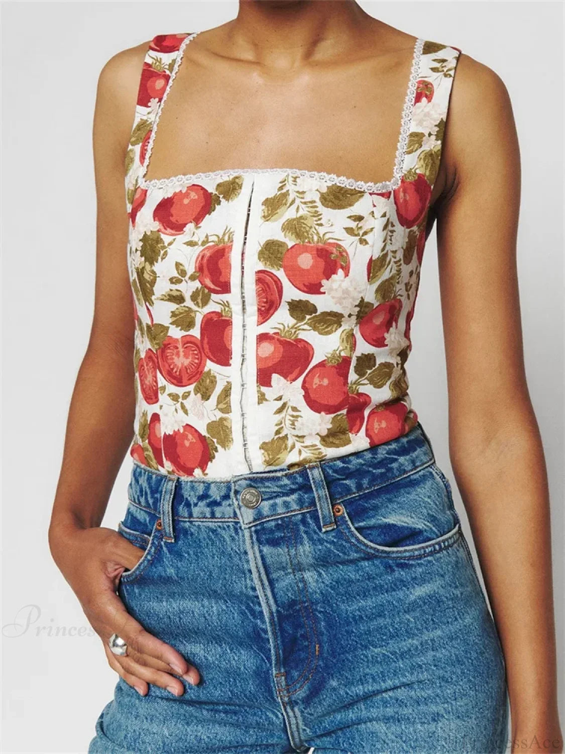 Button-up Square Neck Lace Floral Crop Top RED / S croptop-250126