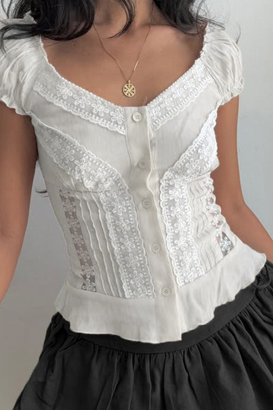 Vintage Lace V Neck Button Puff Sleeve Tank Top