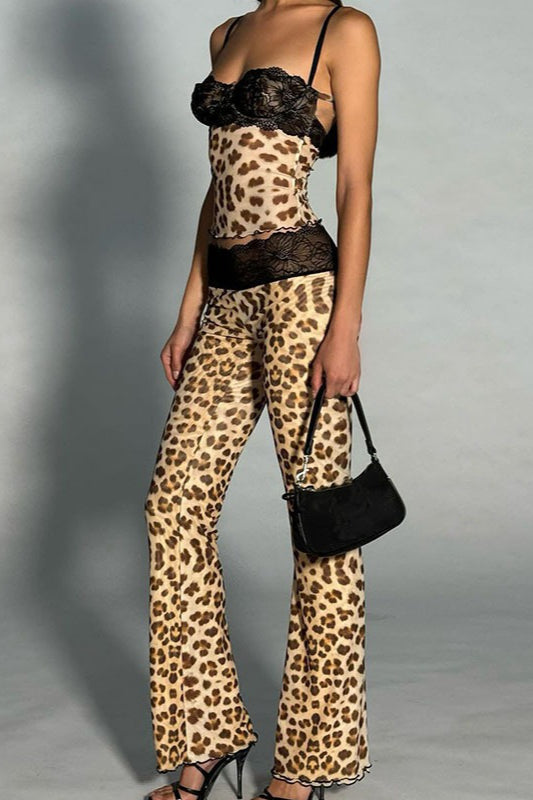 Leopard Print Lace Cami Crop Low Waist Pants Two Piece Set