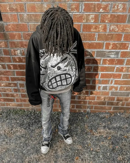 Cartoon Pattern Printed Hoodie Black / S