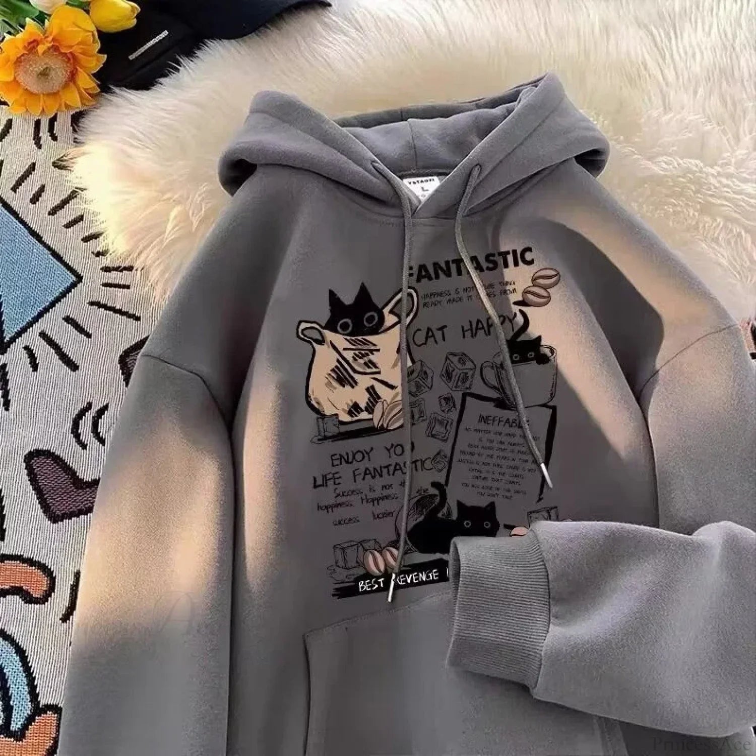 Cat Cartoon Printed Pullover Hoodie