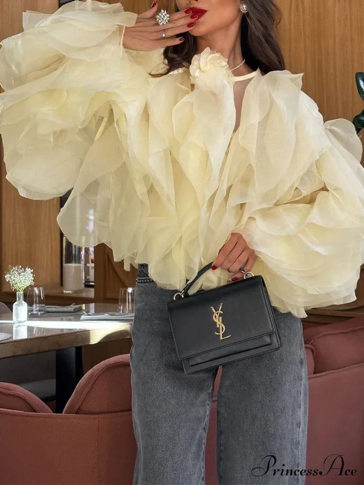 Chiffon Ruffled Graceful Crew Neck Blouse Apricot / S Blouses