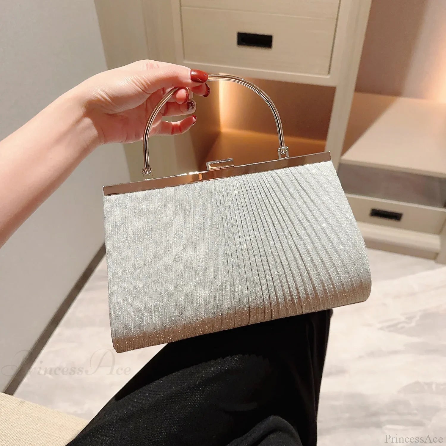 Classic Pleated Evening Bag Sparkling Party Prom Handbag Dress Purse Silver / (20cm clutchbag-250126
